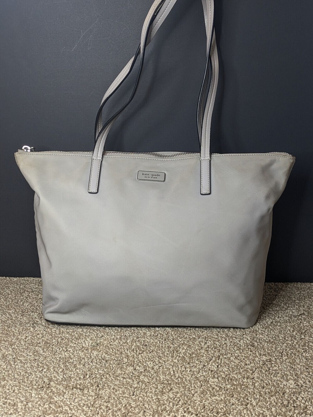 Kate Spade Hayden Tote Purse Soft Taupe Beige Nylon Black Leather Shoulder Bag